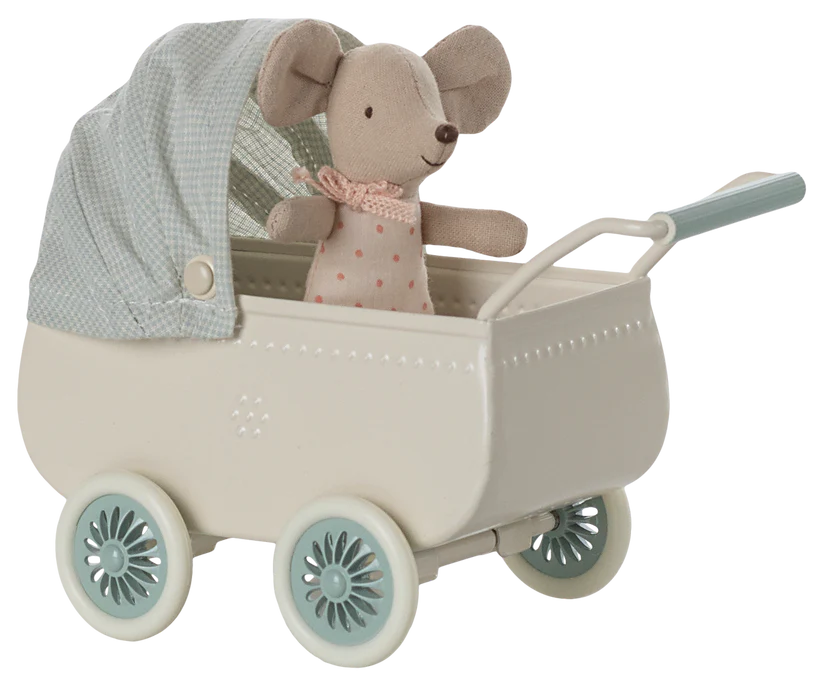 Maileg - Pram with baby mouse mint