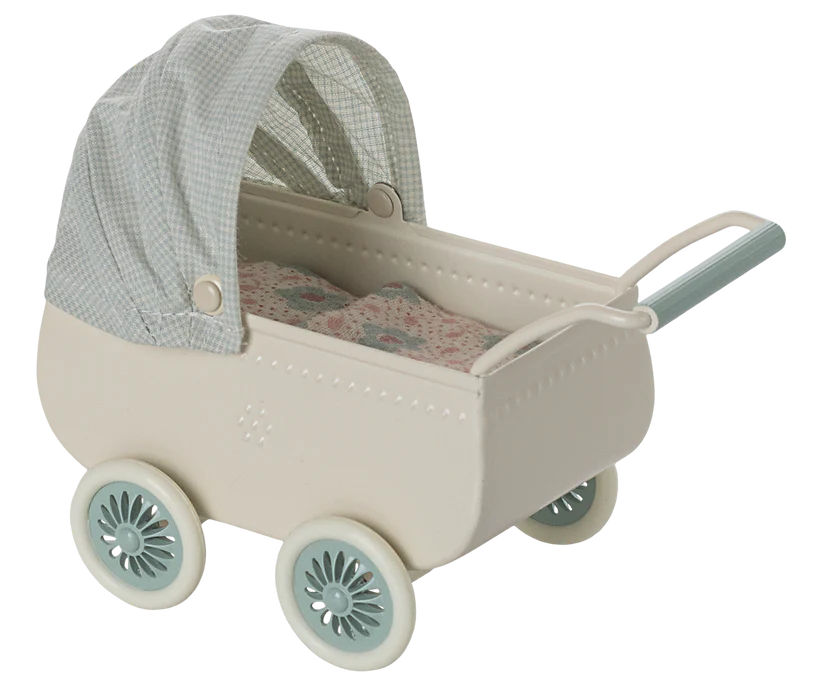Maileg - Pram with baby mouse mint