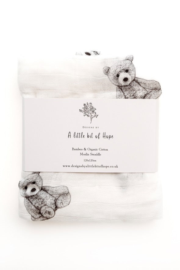 Design By A Little Bit Of Hope Extra Large Organic Bamboo Cotton Muslin Swaddle blanket - Teddy bear