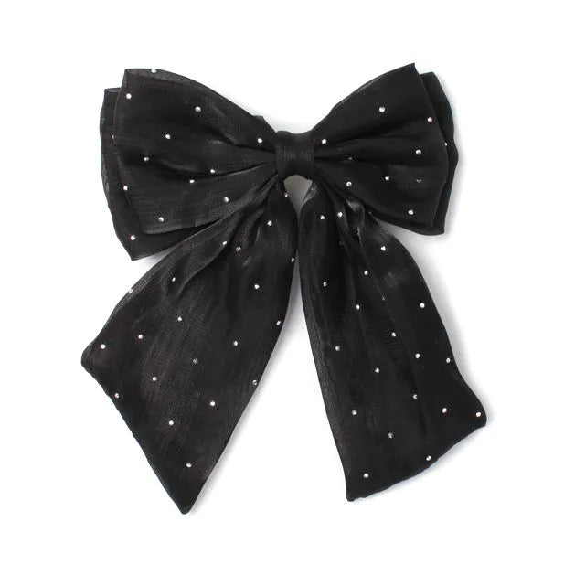 Black double bow barrette clip with tails 8cm