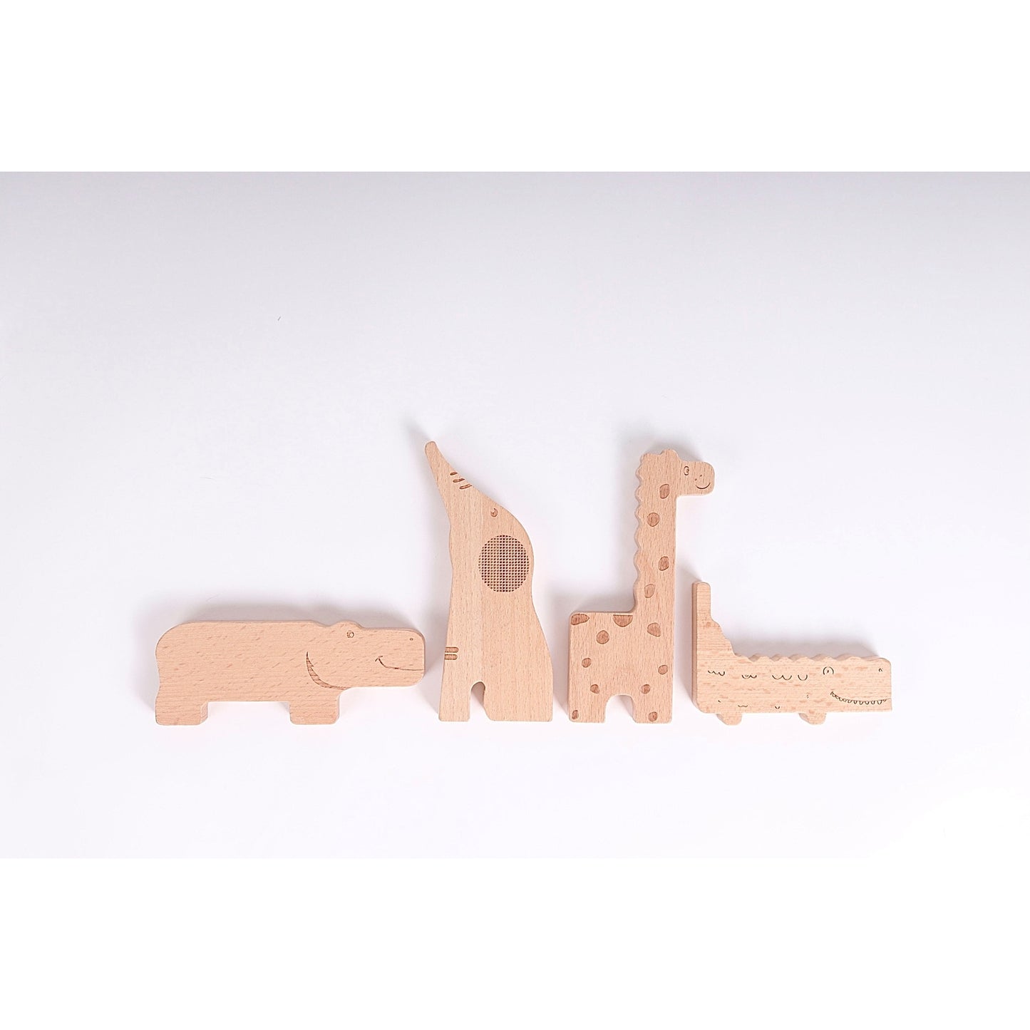 Wooden Animals, Elephant, Hippo, Giraffe and Crocodile