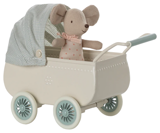 Maileg - Pram with baby mouse mint