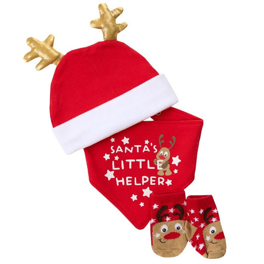 Baby Christmas Reindeer Hat, Bib and Sock Set
