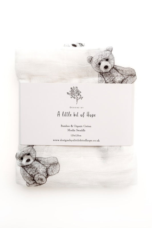 Design By A Little Bit Of Hope Extra Large Organic Bamboo Cotton Muslin Swaddle blanket - Teddy bear