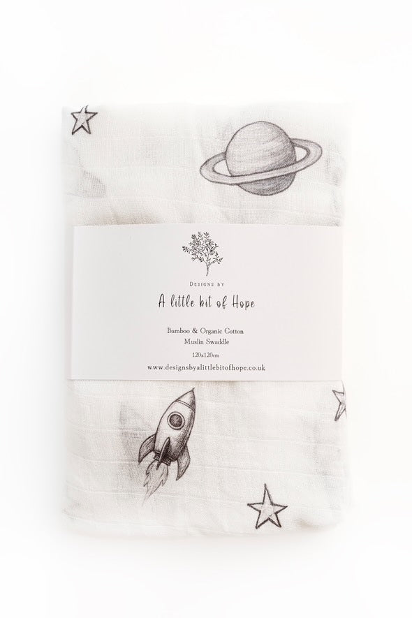 Design By A Little Bit Of Hope Extra Large Organic Bamboo Cotton Muslin Swaddle blanket - Planets