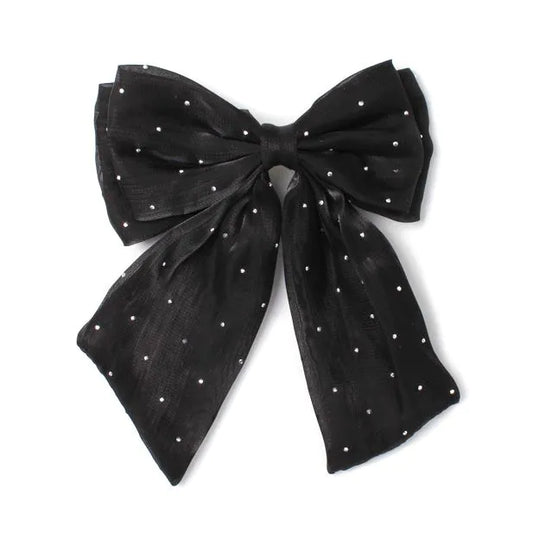 Black double bow barrette clip with tails 8cm