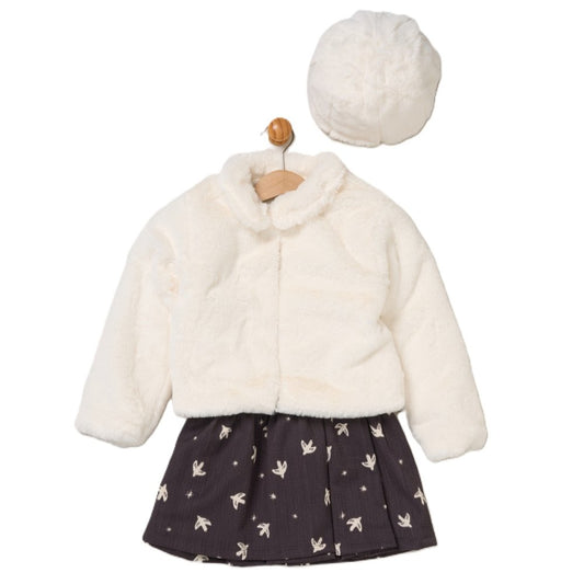 Baby Girls Faux Fur Jacket & Beret With Dress