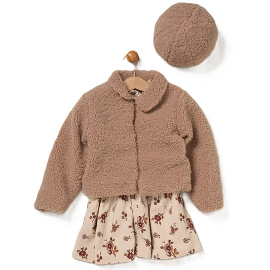Baby Girls Boucle Fur Jacket & Beret With Crepe Jersey Dress