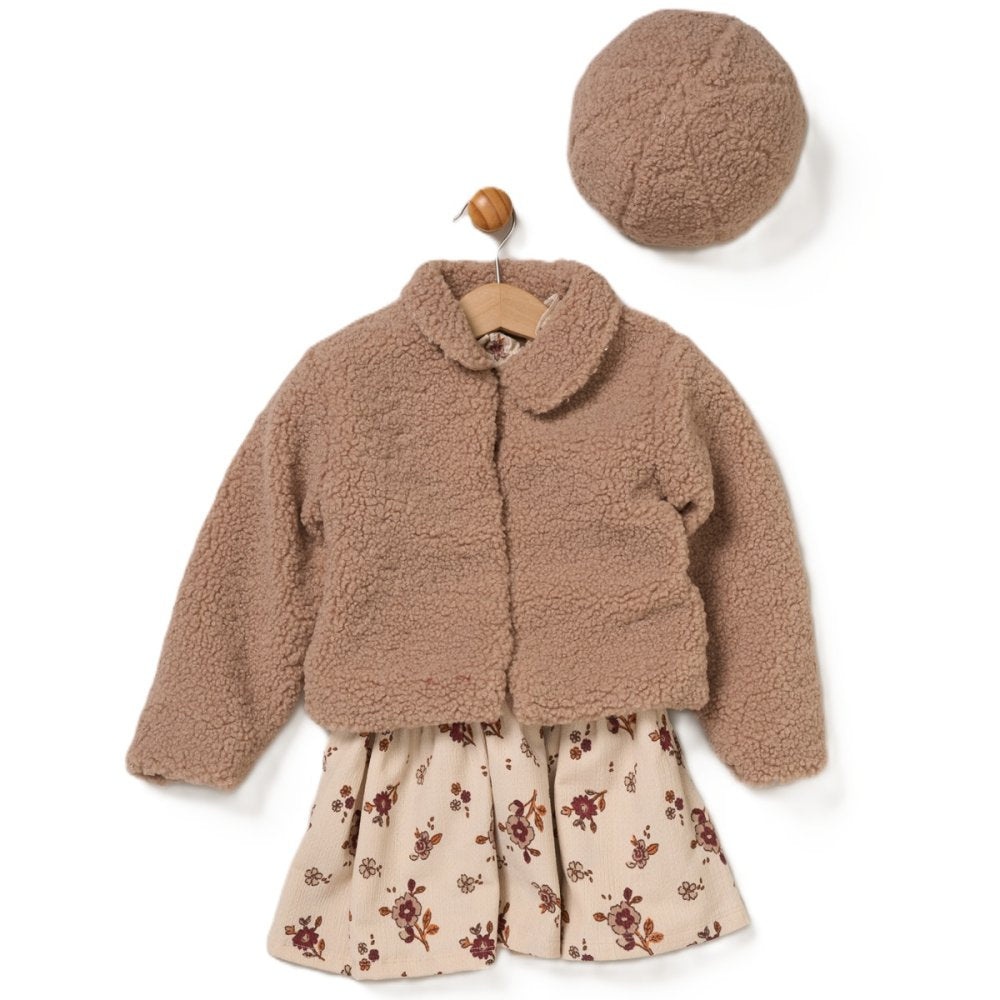 Baby Girls Boucle Fur Jacket & Beret With Crepe Jersey Dress
