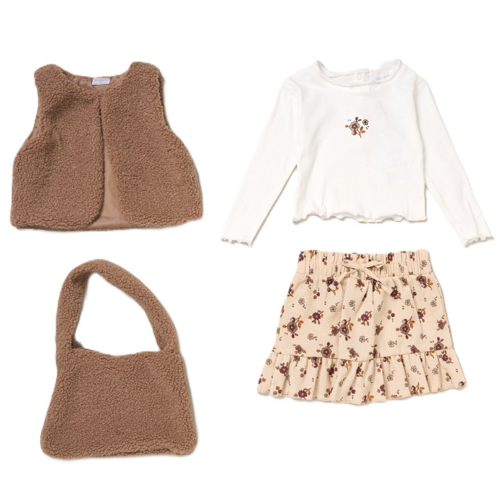 Girls Borg Gilet, Top, Crepe Skirt & Handbag Outfit