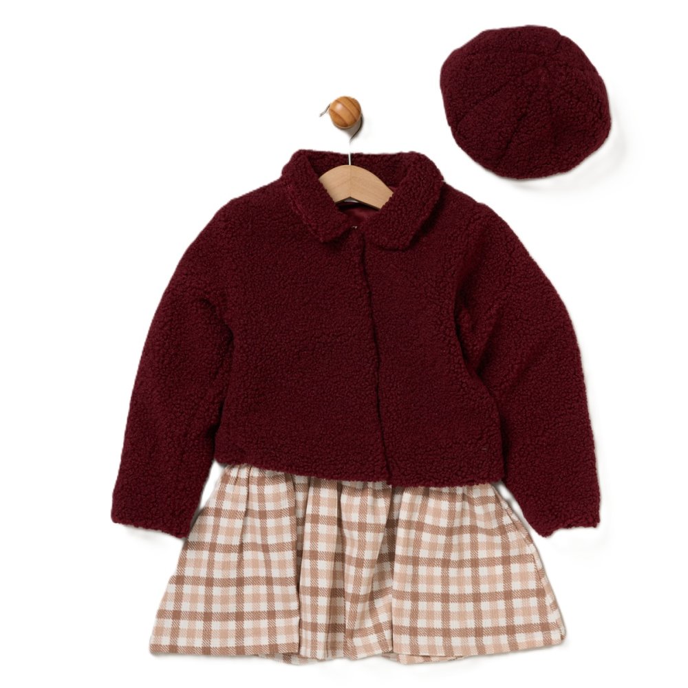 Girls Boucle Fur Jacket & Beret With Crepe Jersey Dress