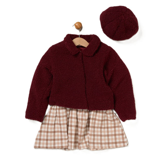 Girls Boucle Fur Jacket & Beret With Crepe Jersey Dress