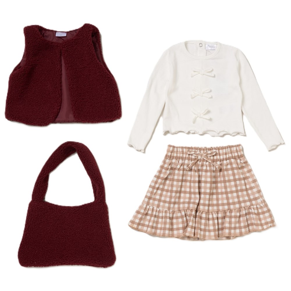 Girls Borg Gilet, Top, Crepe Skirt & Handbag Outfit
