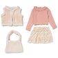 Girls Borg Gilet, Top, Crepe Skirt & Handbag Outfit