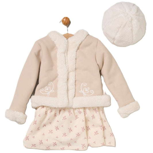 Baby Girls Shearling & Borg Jacket & Borg Beret With Crepe Jersey Dress